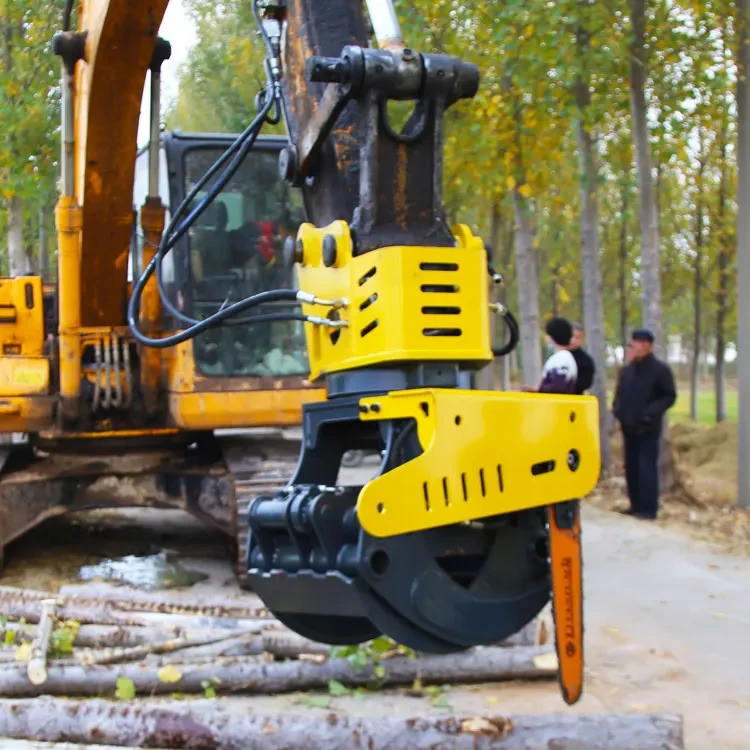 Yellow grapple saw mounted on an excavator with the side chain saw visible