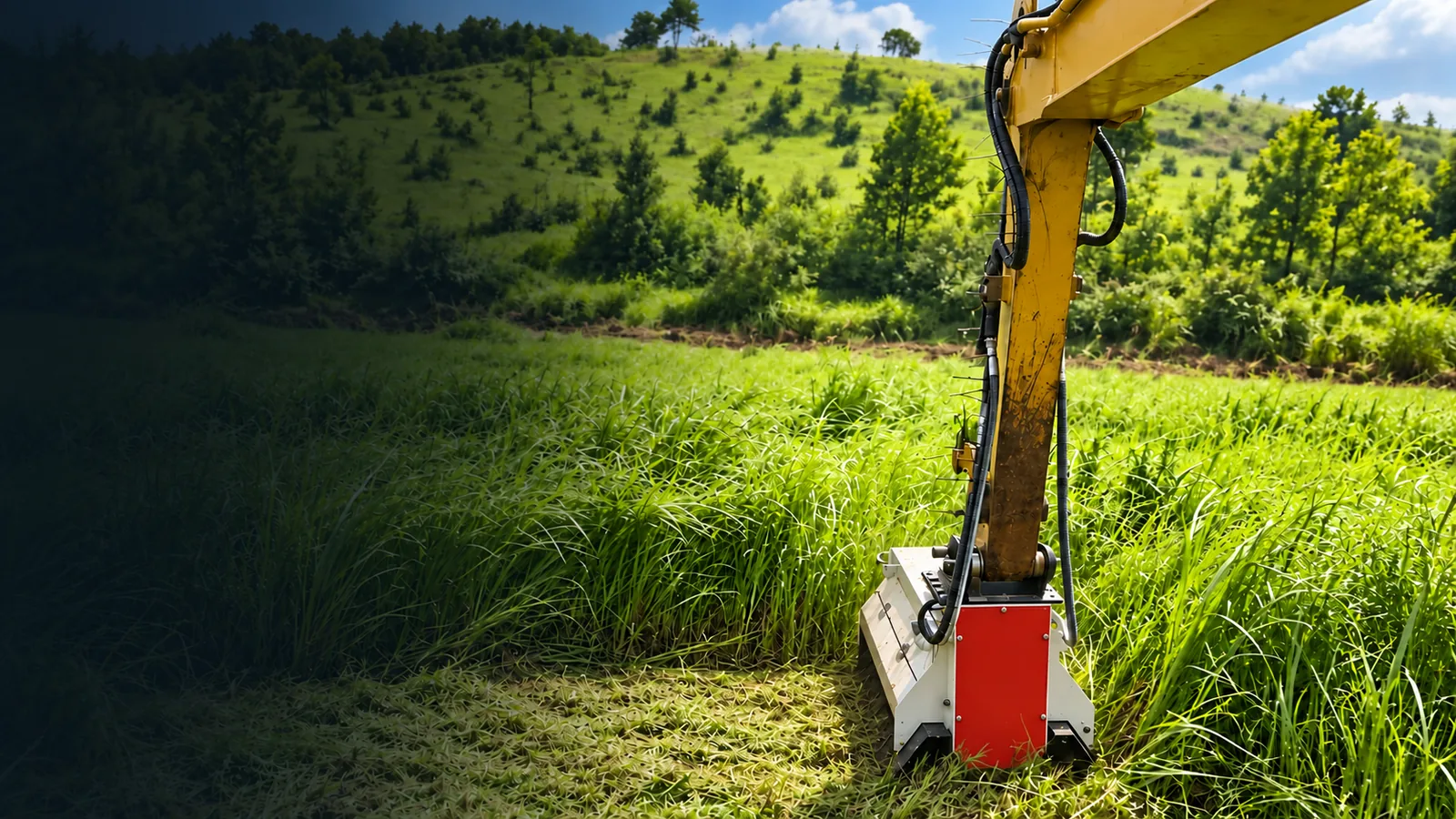 Excavator-mounted grass cutter mowing tall grass in a field