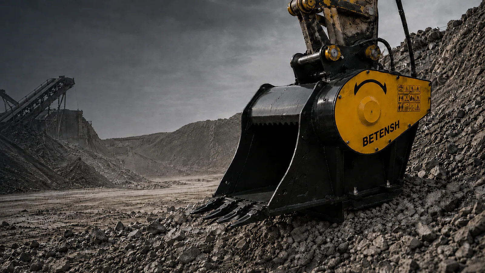 Screening bucket mounted on an excavator at a quarry