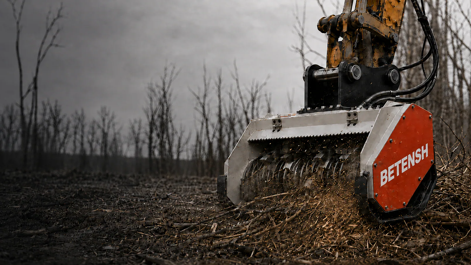 Excavator mulcher clearing vegetation