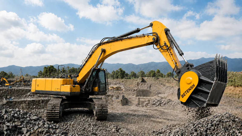Excavator screening bucket working at a quarry
