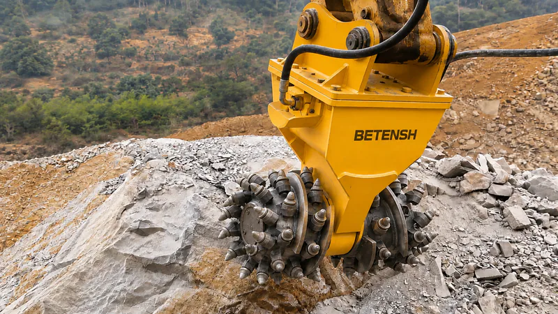 Excavator drum cutter working on rock