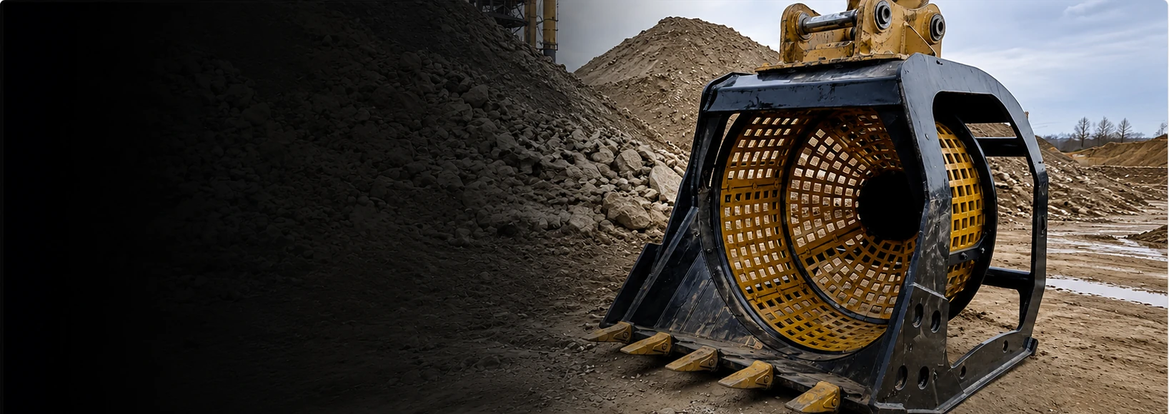 Black and yellow excavator screening bucket at a quarry