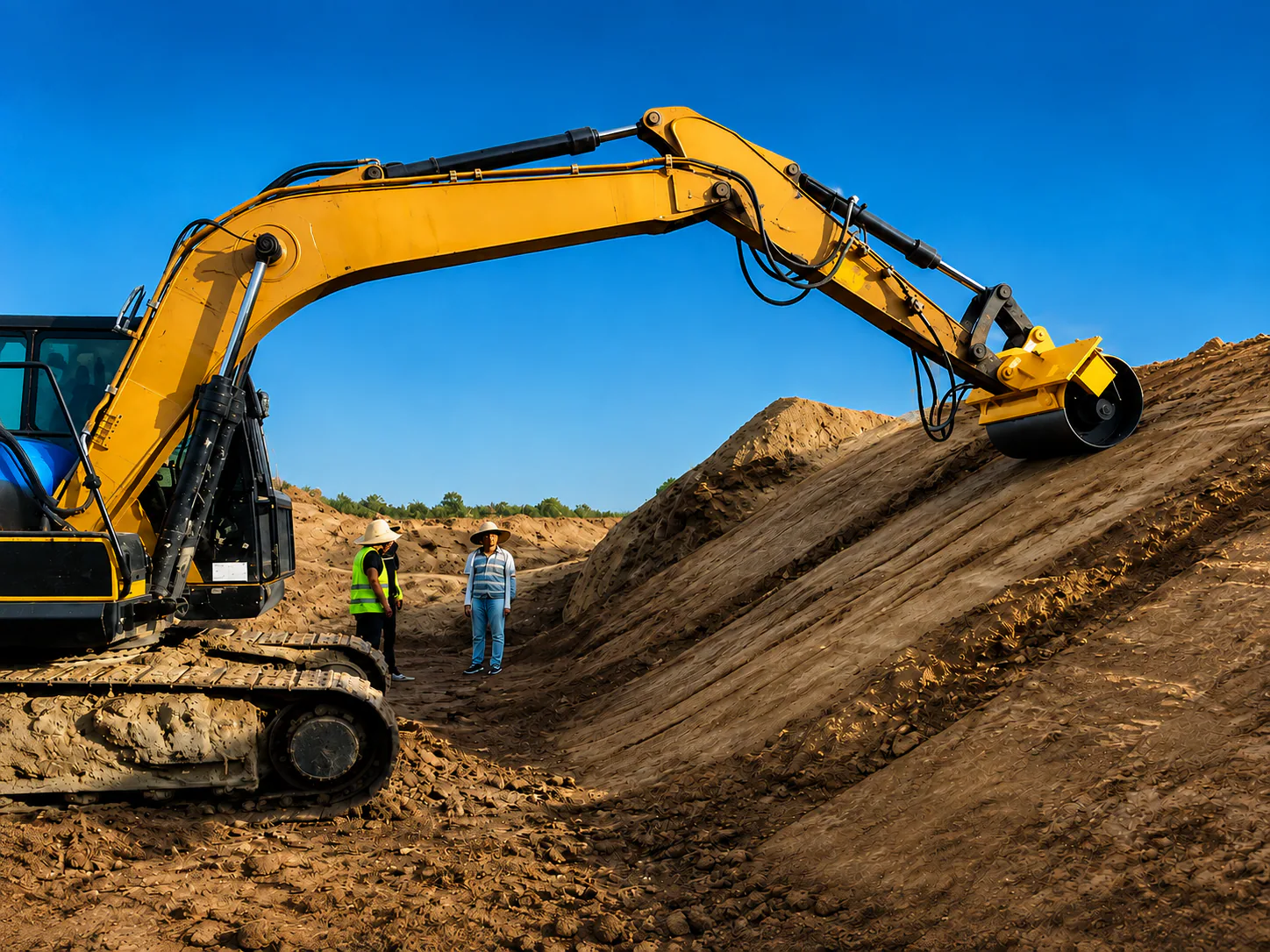 Excavator compaction attachment working on a slope