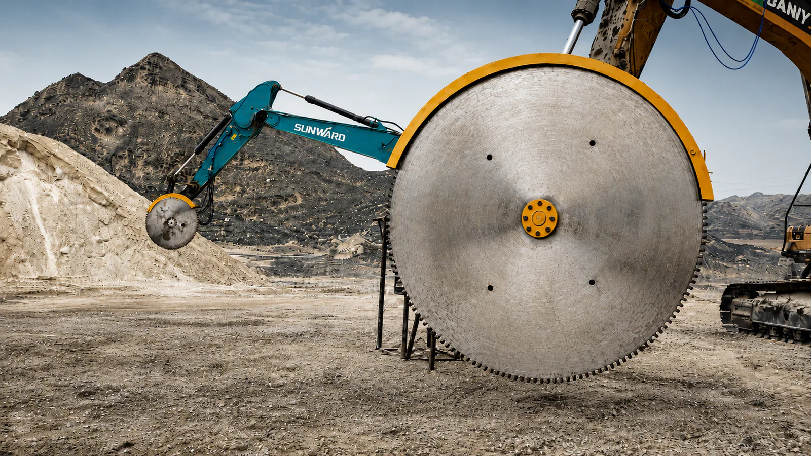 Excavator rock saw cutting at a quarry