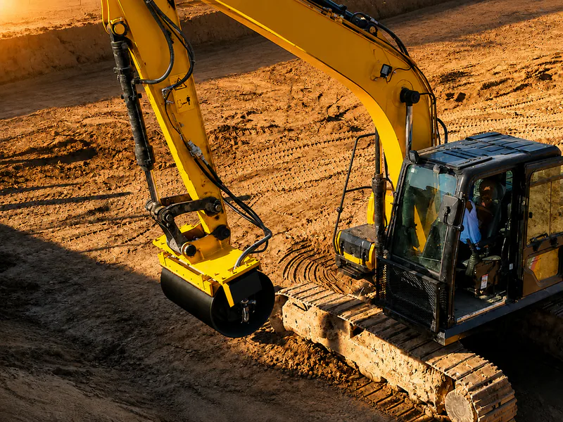 Excavator roller compactor working on soil