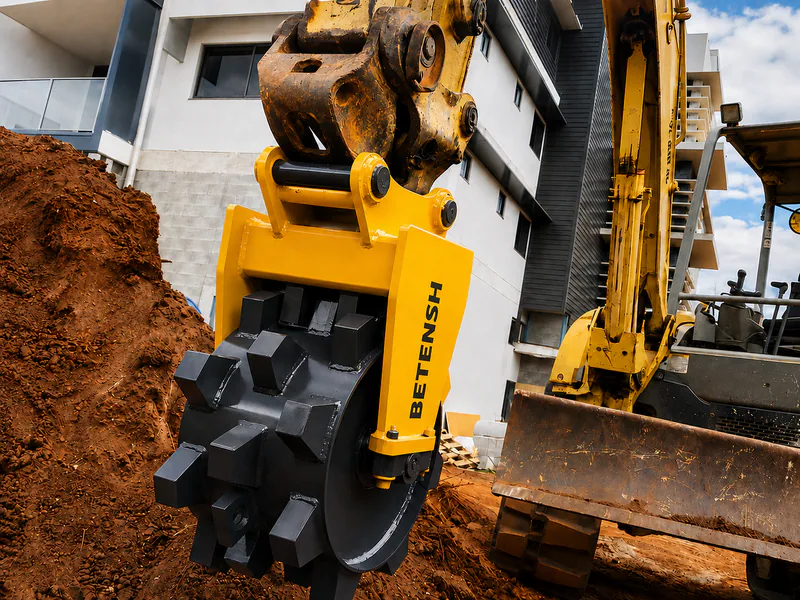Static compaction wheel attached to an excavator