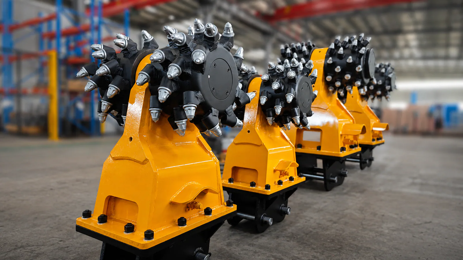 Four completed yellow Drum Cutters in the approved privacy-treated production setting