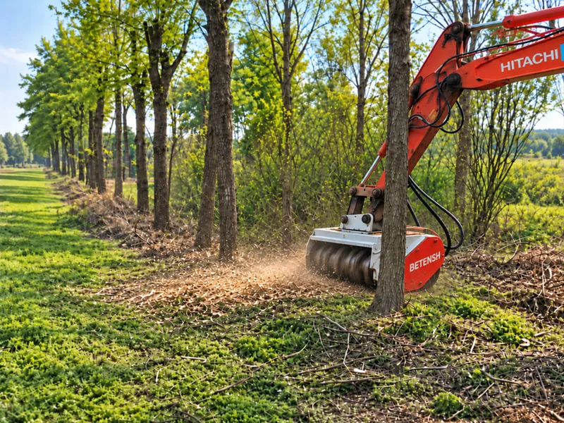 Excavator forestry mulcher clearing woody vegetation and branches