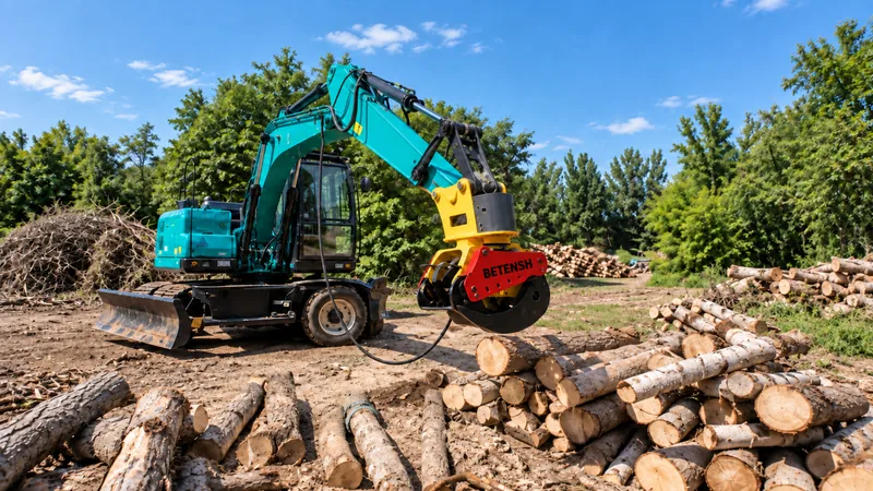 Excavator grapple saw handling cut timber