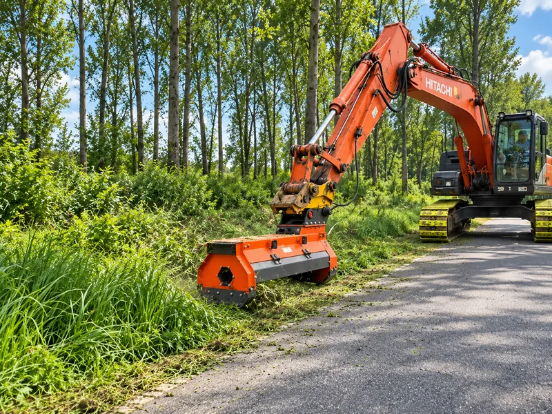 Excavator grass cutter mowing roadside vegetation