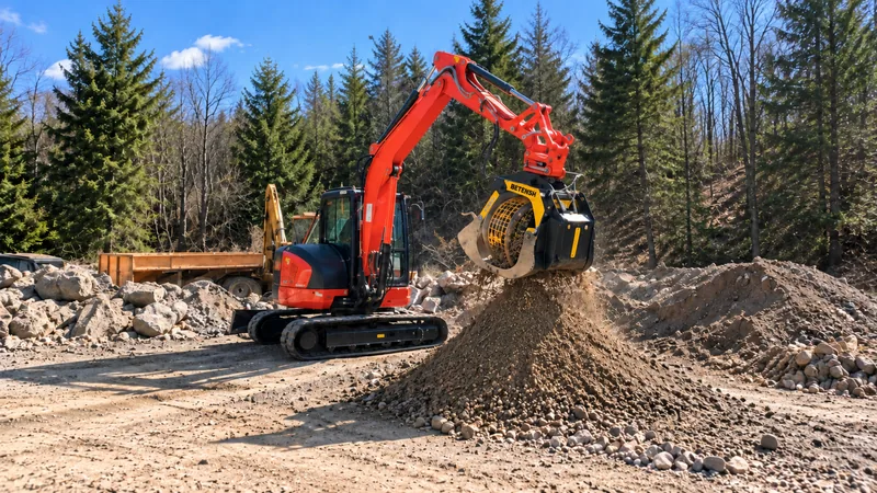 Excavator screening bucket separating soil and stone on site