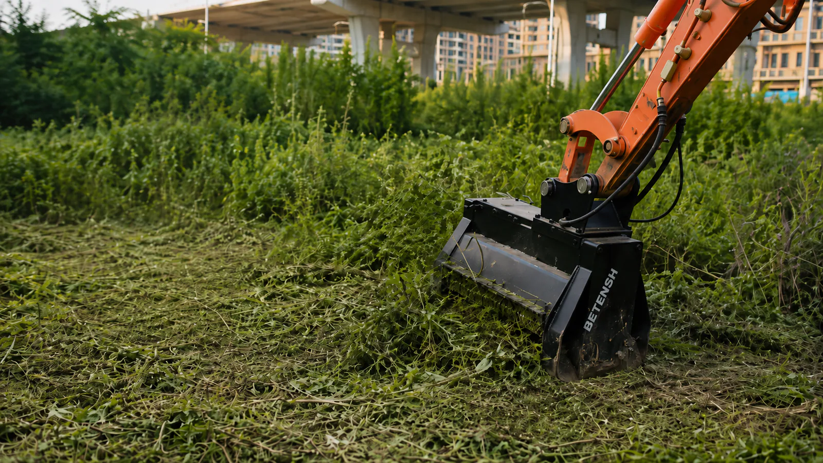 Excavator mulcher after clearing vegetation