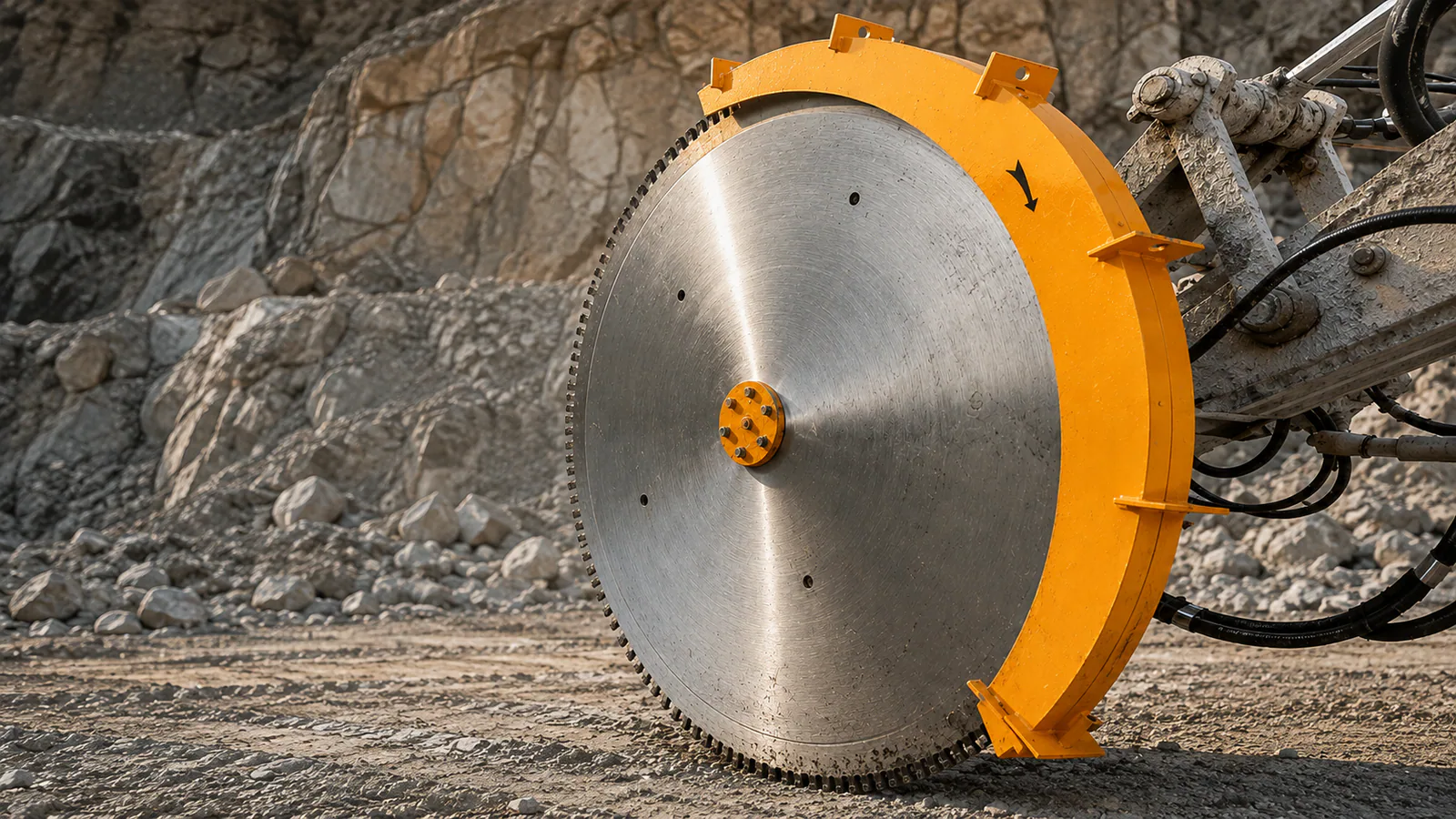 Excavator rock saw cutting a rock face