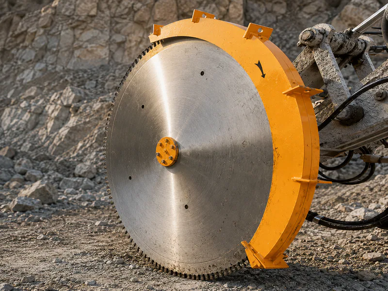 Excavator rock saw blade at a rock face