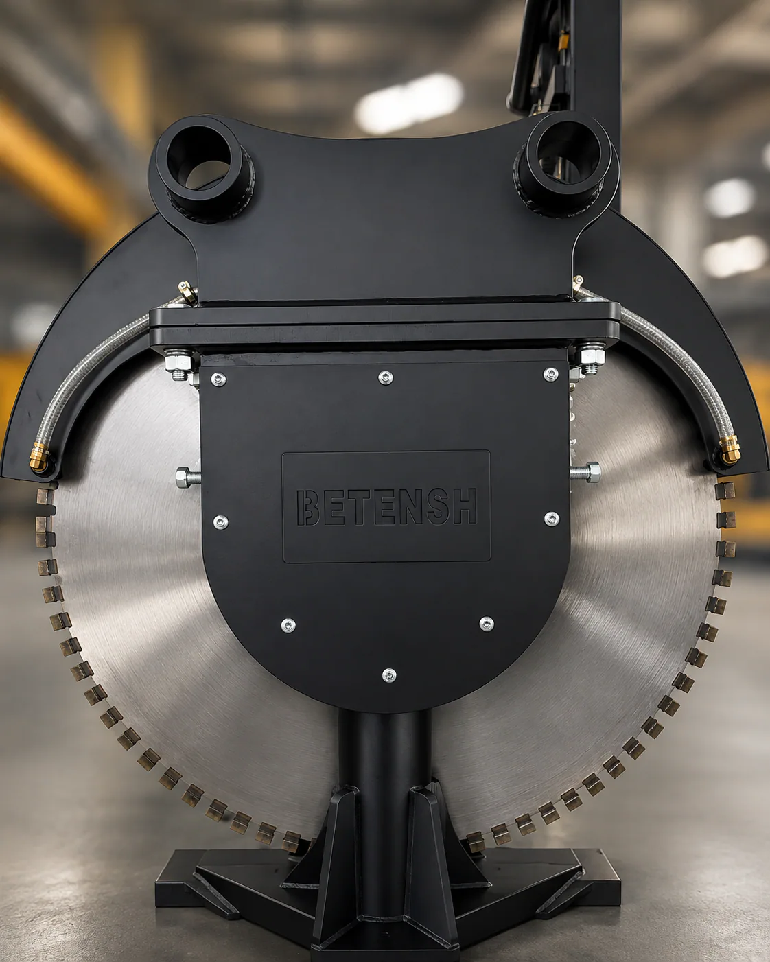 Front view of a BETENSH rock saw in a privacy-treated workshop